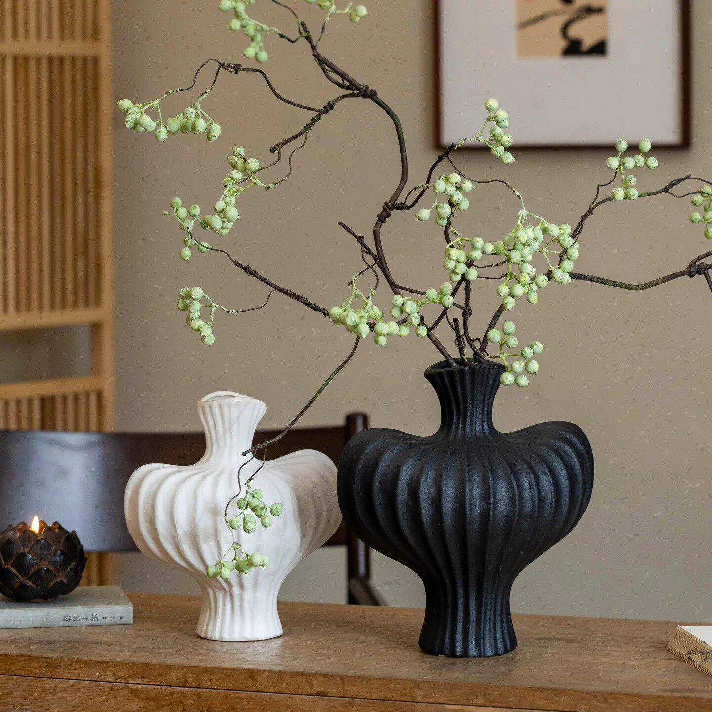 宋代美学花瓶摆件仿真干花马桑果花束客厅插花干花花盆复古陶罐