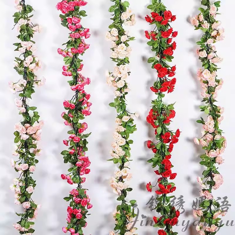 仿真玫瑰花藤条客厅栅栏吊花空调管子装饰藤蔓塑料花高档墙面遮挡