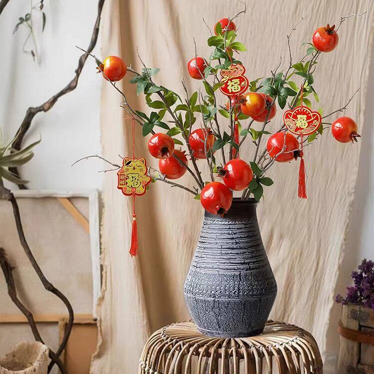 柿子仿真摆件石榴干花果树枝石榴插花客厅花插花新中式餐桌装饰品