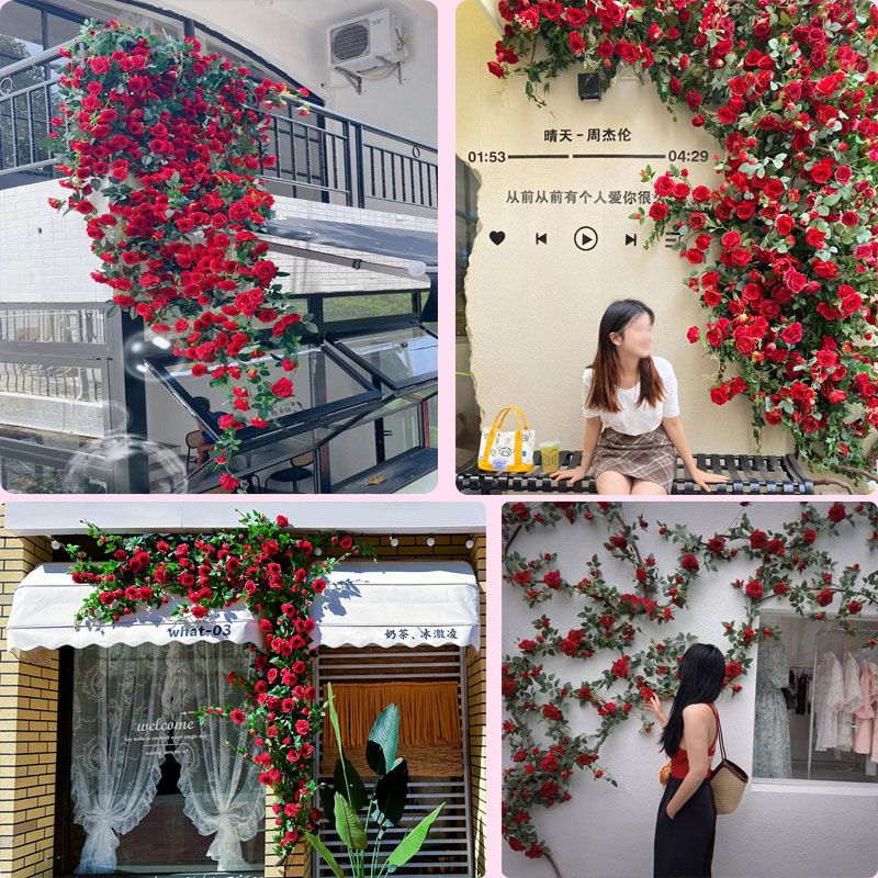 仿真玫瑰花藤蔓墙面背景装饰藤条假花空调水管道阳台缠绕婚庆造景