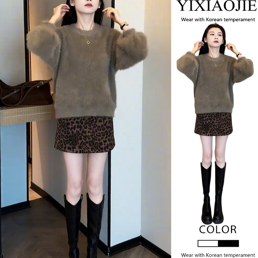 秋冬新款休闲韩系慵懒宽松显瘦软糯长袖上衣+豹纹半身短裙两件套