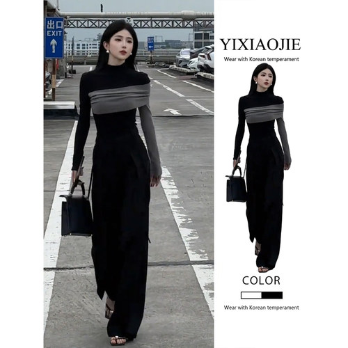秋季新款气质时尚半高领修身显瘦拼接撞色长袖上衣+阔腿裤两件套