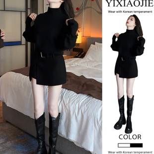 上衣 百搭长袖 半身裙配腰带两件套 气质休闲宽松显瘦时尚 秋冬新款