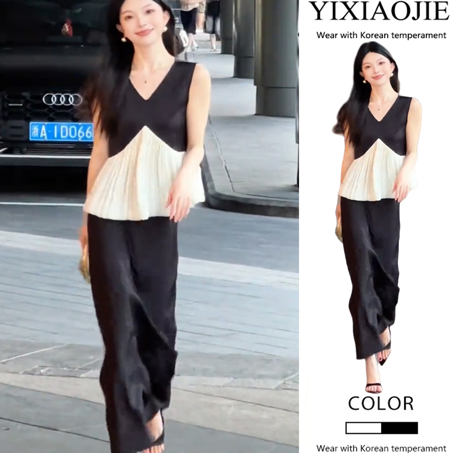 夏季新款气质显瘦黑白撞色拼接荷叶边无袖上衣+半身裙两件套