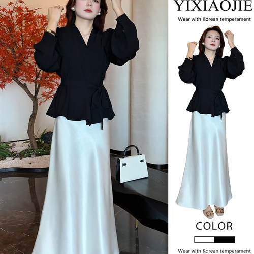 秋季新款休闲气质时尚侧边系带收腰显瘦长袖上衣+半身裙两件套