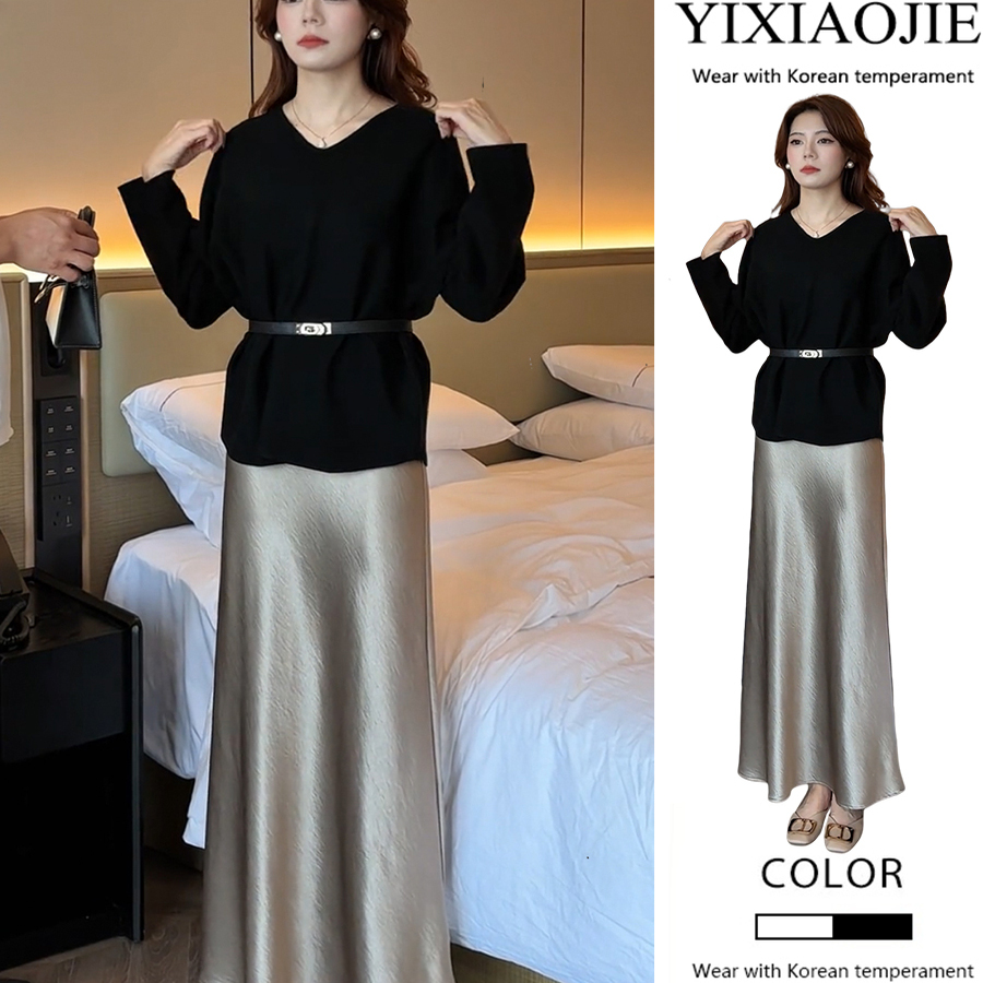 秋季新款休闲宽松优雅百搭显瘦V领长袖上衣配腰带+半身裙两件套装