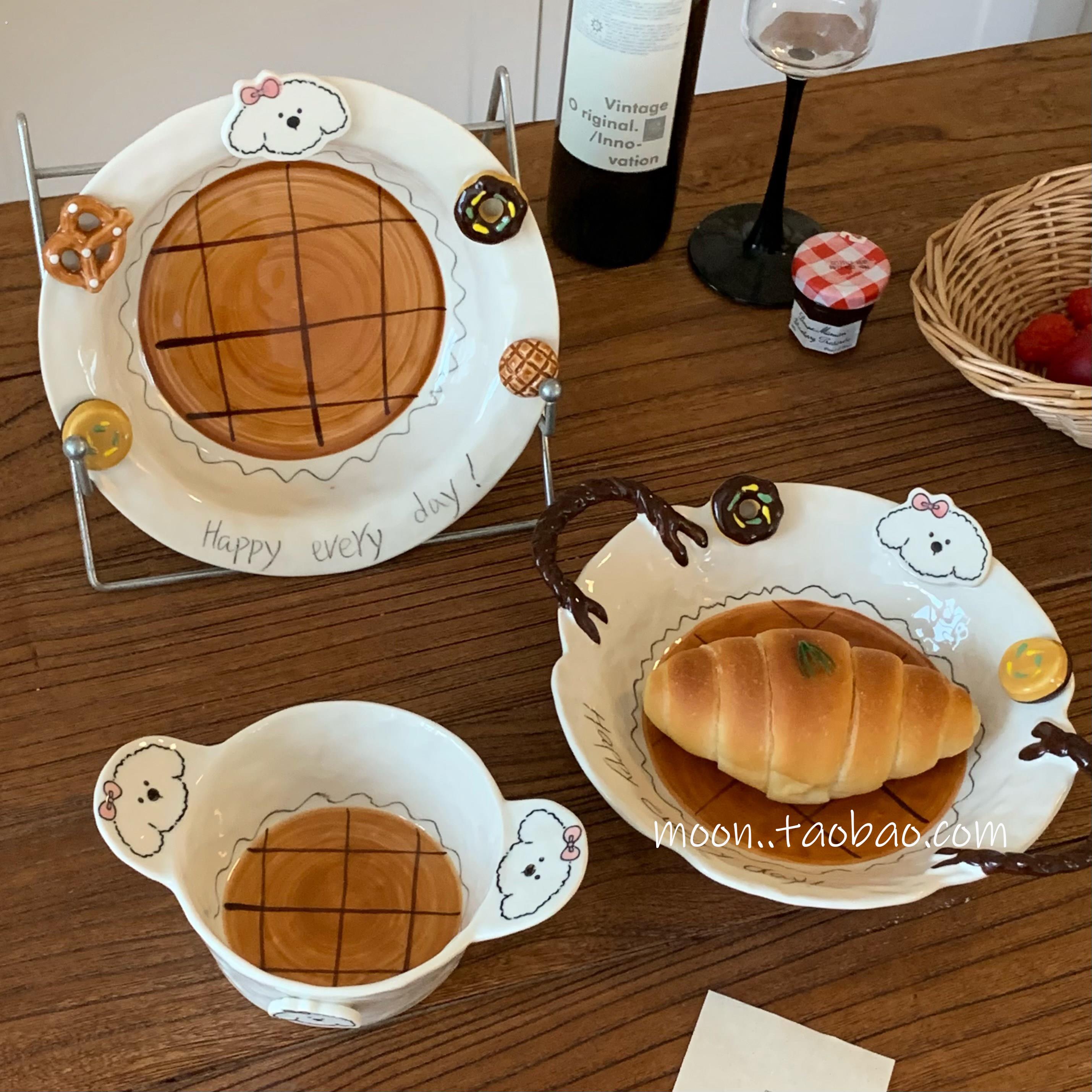 可爱小狗盘子陶瓷可爱家用餐具釉下彩深盘高颜值沙拉盘盘子饭碗碟