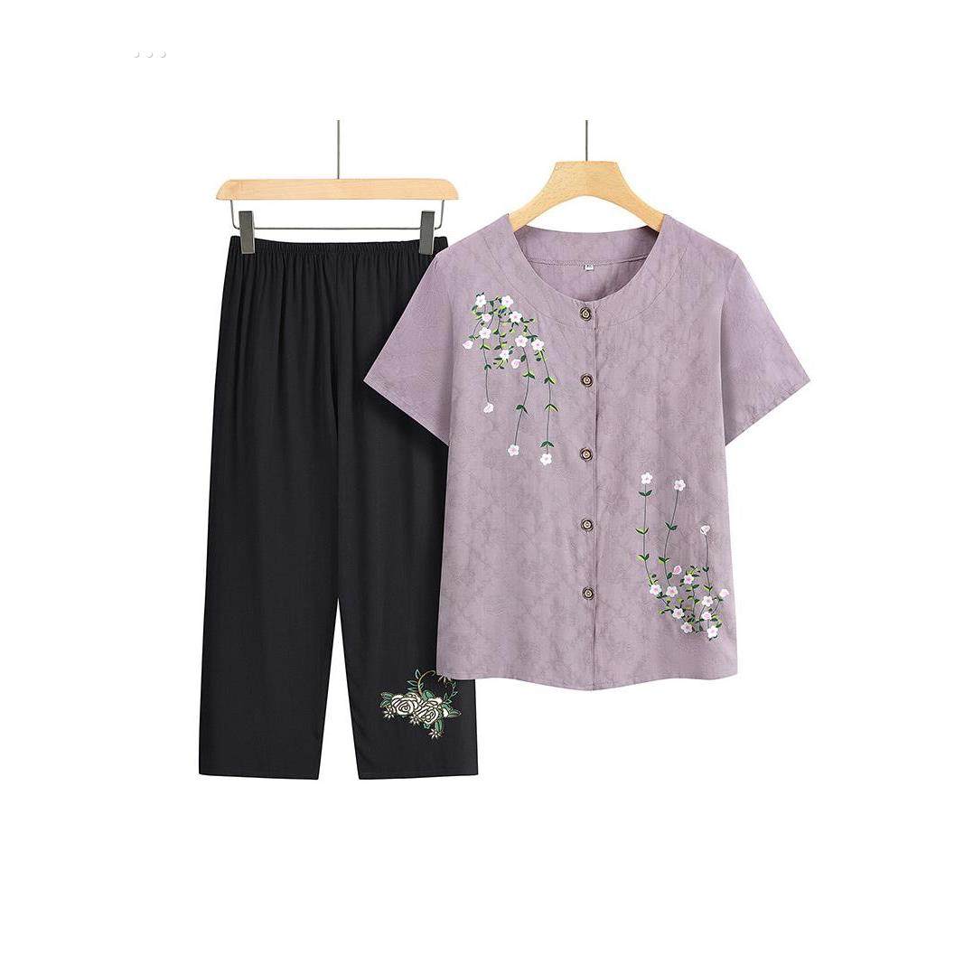 中老年短袖T恤女棉麻妈妈夏季套装老太太开衫睡衣奶奶对襟上衣服