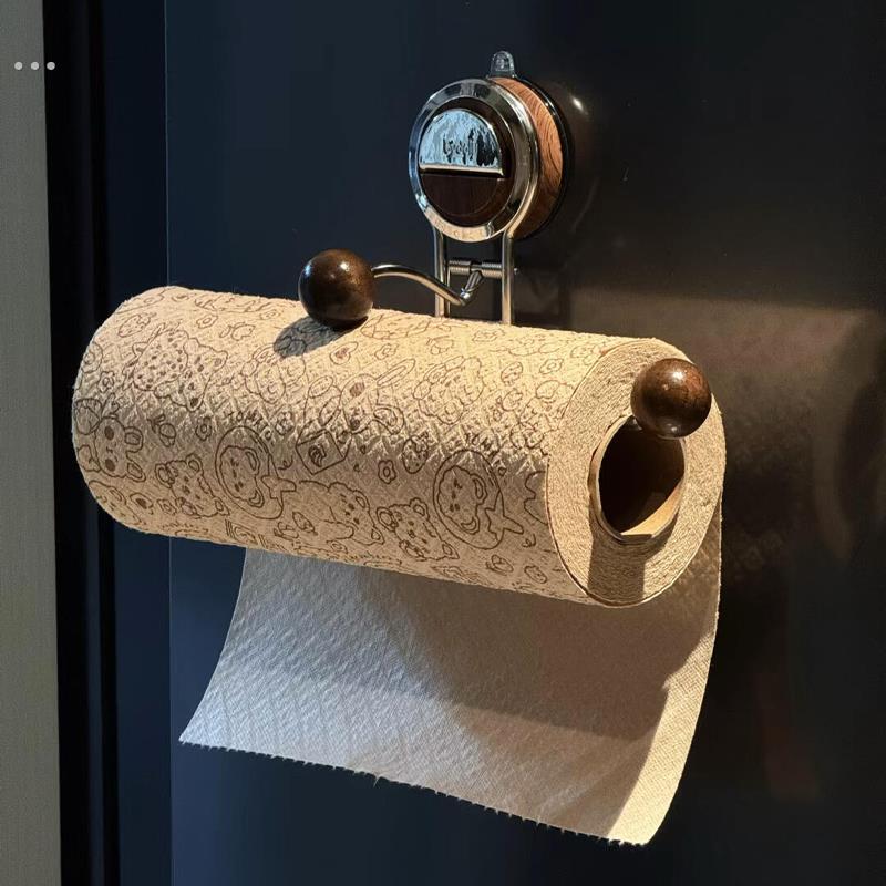 纸巾架吸盘壁挂免打孔厨房家用卷纸保鲜膜收纳架木质高级感置物架