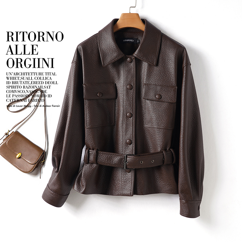 休闲女士皮衣短款2025春秋冬新款宽松明星同款腰带休闲皮夹克外套