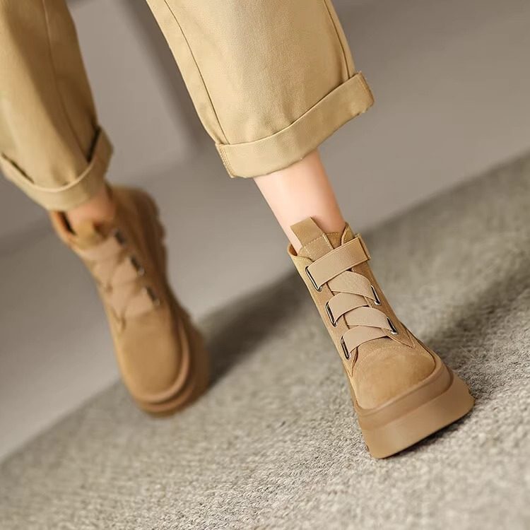 小个子圆头真皮松糕厚底马丁靴女2025英伦风杏色魔术贴增高短靴子,女鞋,马丁靴,淘宝优惠券,粉丝福利购,淘宝优惠卷