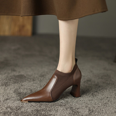 单鞋法式拼接真皮高跟鞋尖头粗跟