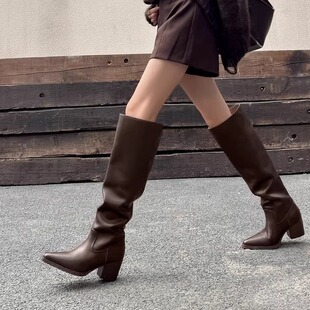 真皮尖头高跟粗跟过膝靴宽筒显瘦膝上靴修饰腿型高筒长筒靴女秋冬
