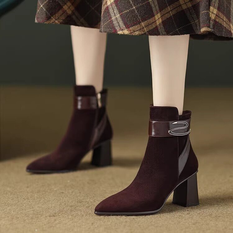 2025法式棕色羊反绒粗跟短靴女真皮尖头侧拉链S金属扣高跟时装靴,女鞋,时装靴,淘宝优惠券,粉丝福利购,淘宝优惠卷