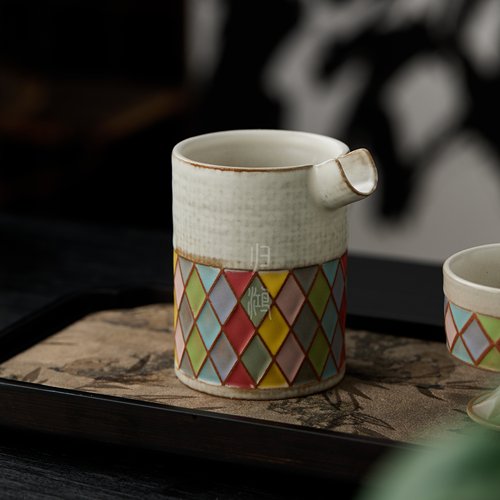 归鸿手工粗陶老岩泥公道盖碗敦煌彩虹格子纹原矿釉高温烧茶具盖碗