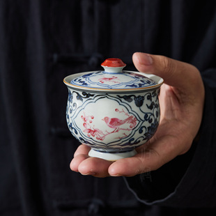 盈德堂手绘青花釉下彩纯翠鸟高足二才盖碗陶瓷不烫手泡茶高档茶具