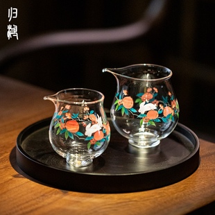 归鸿手绘玉兔桃夭特别好看的公道杯玻璃高档茶道公杯分茶器茶海