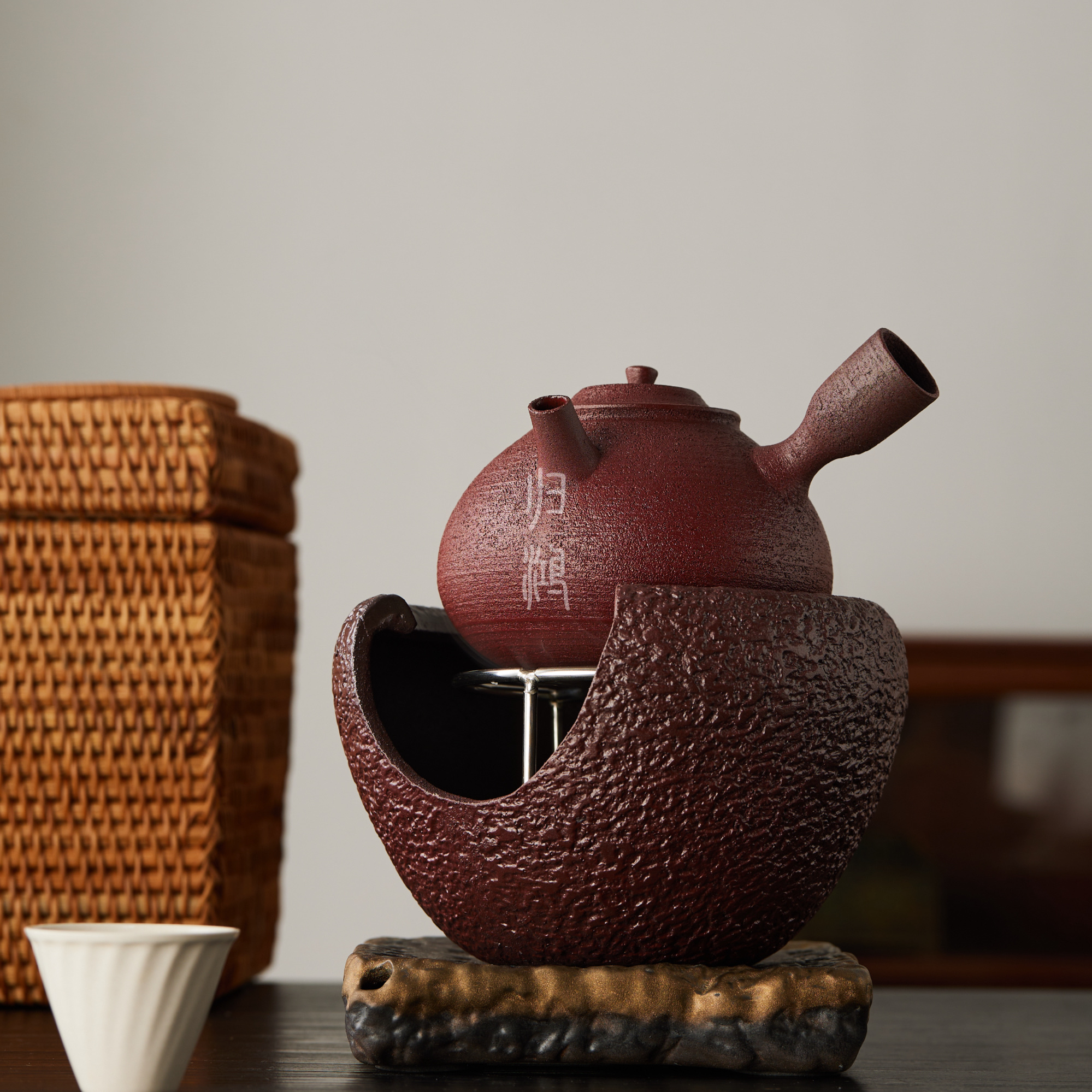 归鸿 粗陶侧把泡茶壶煮茶壶家用复古酒精温茶炉碳炉煮茶炉套装