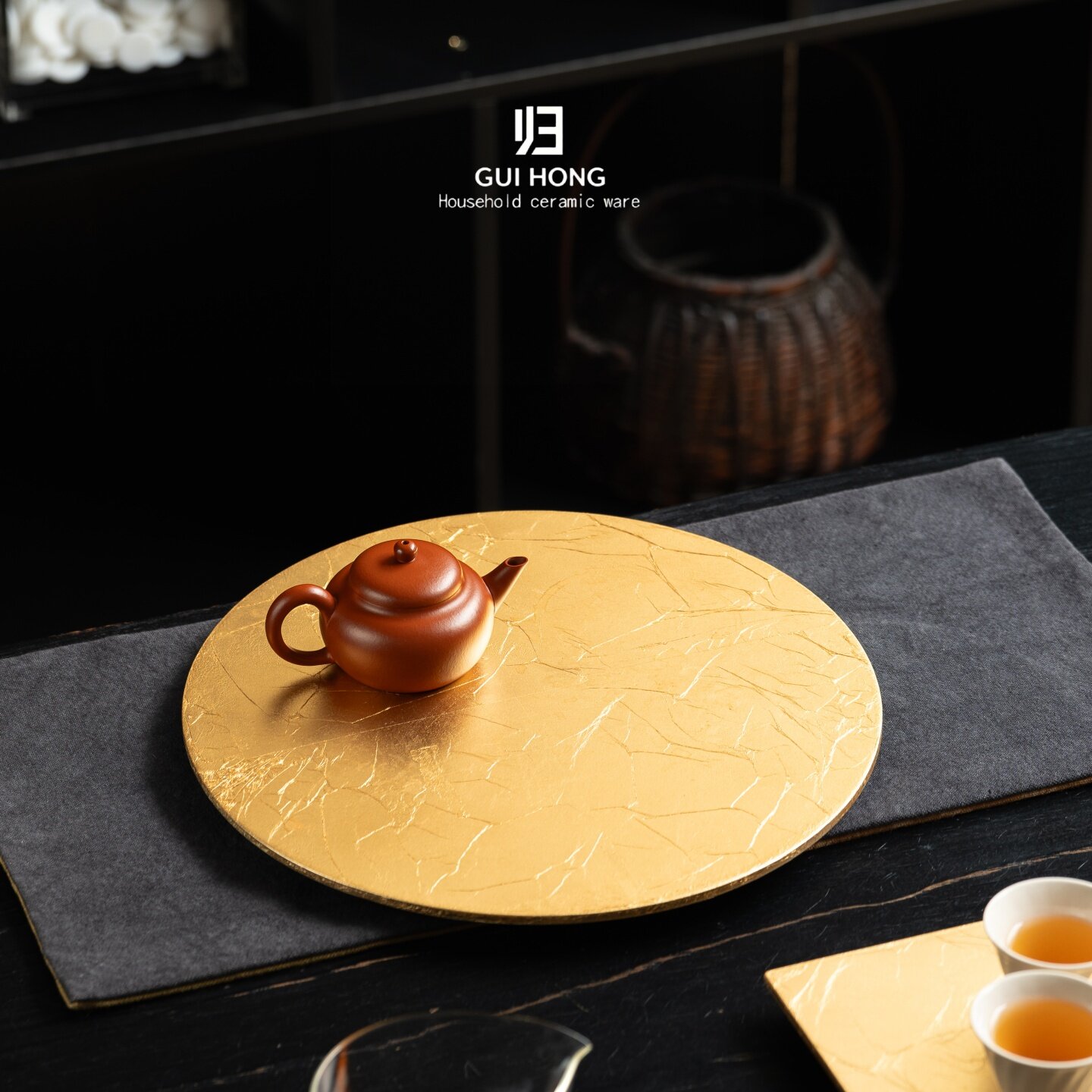 归鸿金箔圆形大漆茶盘天然清硅岩家用干泡台中式茶席壶承茶具配件