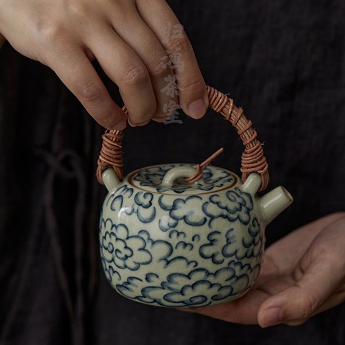归鸿 米黄汝窑大容量祥云茶壶小型煮茶壶单壶提梁壶泡茶壶手抓壶