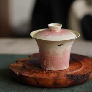 归鸿｜景德镇手工复古粗陶马蹄粉彩盖碗单个高档防烫盖碗陶瓷牧渔