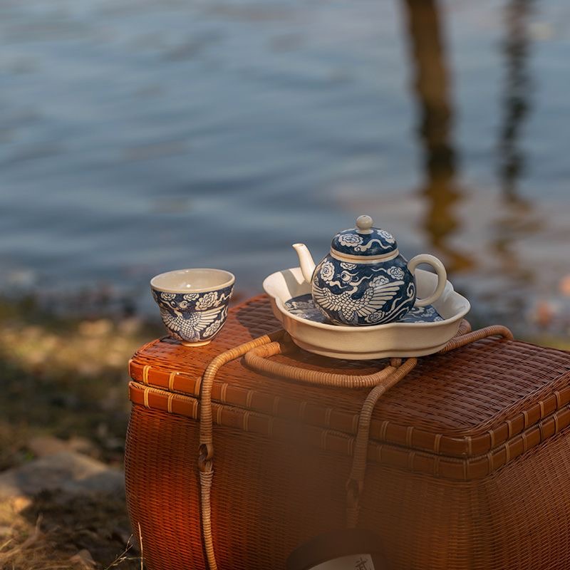 归鸿霖松堂草木灰青花手绘双凤小品壶景德镇茶具开片泡茶壶160ml