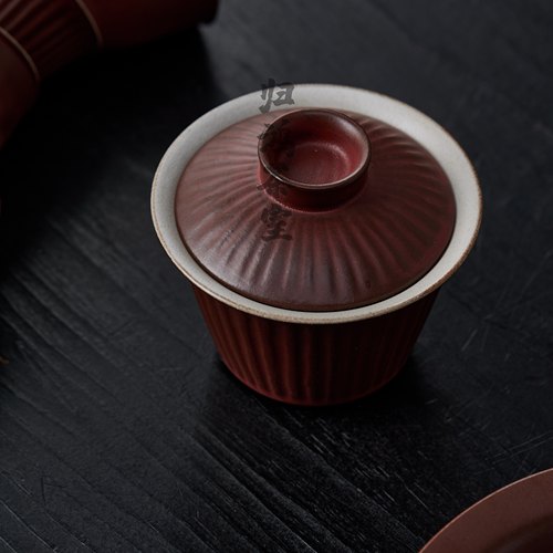 归鸿 中式复古陶瓷盖碗茶碗单个高档红色竖纹泡茶碗家用功夫茶具