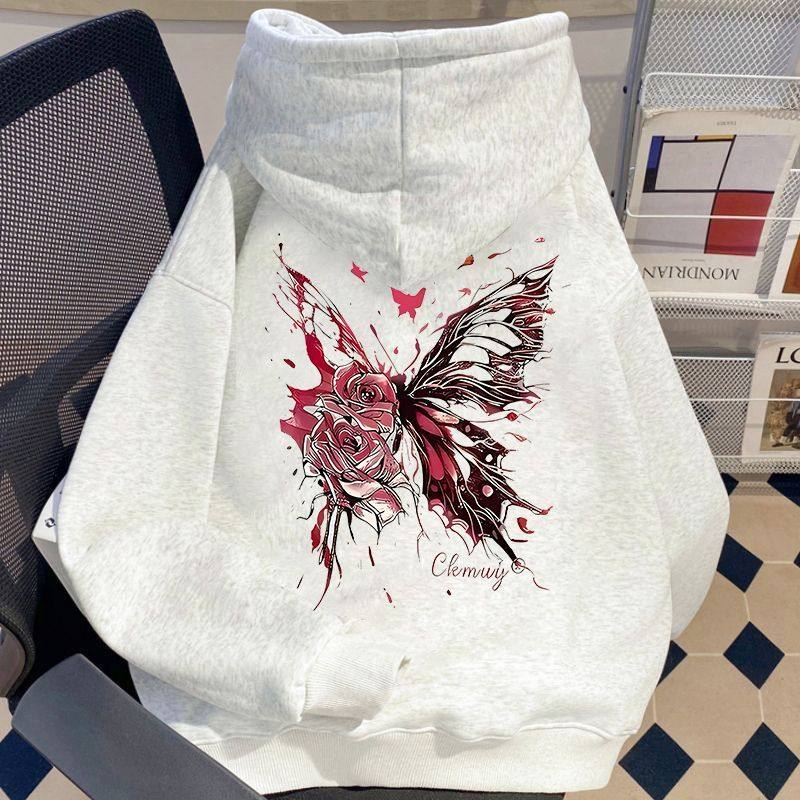 秋冬新款连帽卫衣男个性玫瑰蝴蝶字母印花宽松加绒加厚学生上衣潮