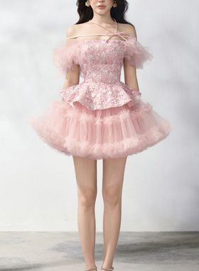 LOVELYN越南品牌Aura Muse系列A字型露肩袖网眼塔夫绸连衣裙定制