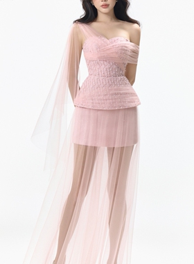 LOVELYN越南品牌Aura Muse系列荷叶边珠饰网眼塔夫绸长裙定制