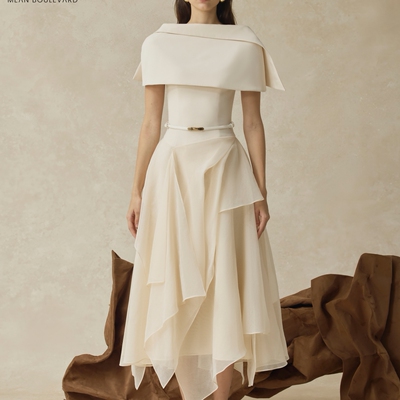 披肩袖荷叶边中长连衣裙定制