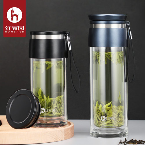 双层纯色透明耐高温玻璃杯现代挂绳便携泡茶迷你280ML高硼硅可印