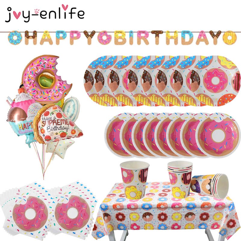 Doughnut Banner Paper Cup Napkin Plates Happy Birthday Anniv