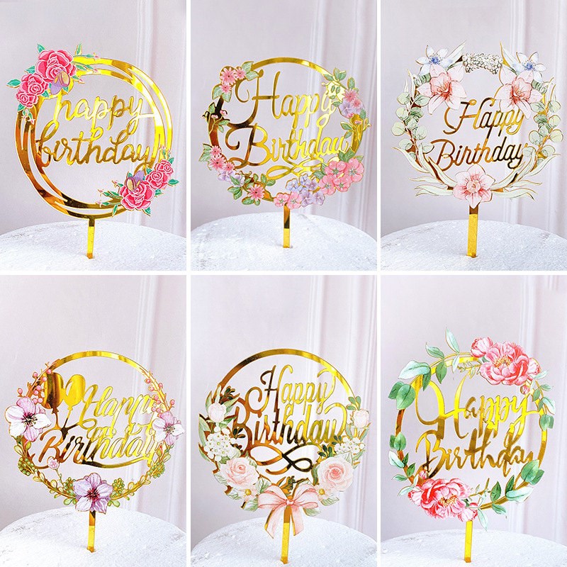 New Happy Birthday Cake Topper Golden Acrylic DIY Birthday