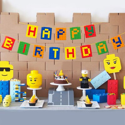 Building Brick Theme Happy Birthday Banner Colorful Bunting