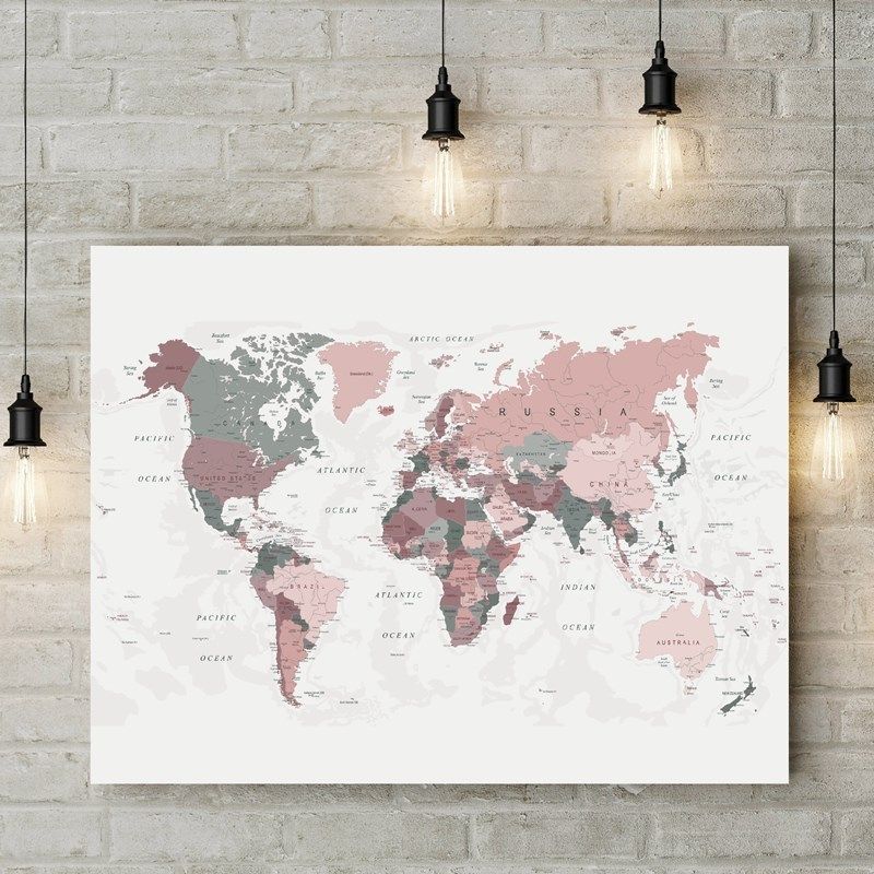 world map canvas print blush pink & hunter green map of the