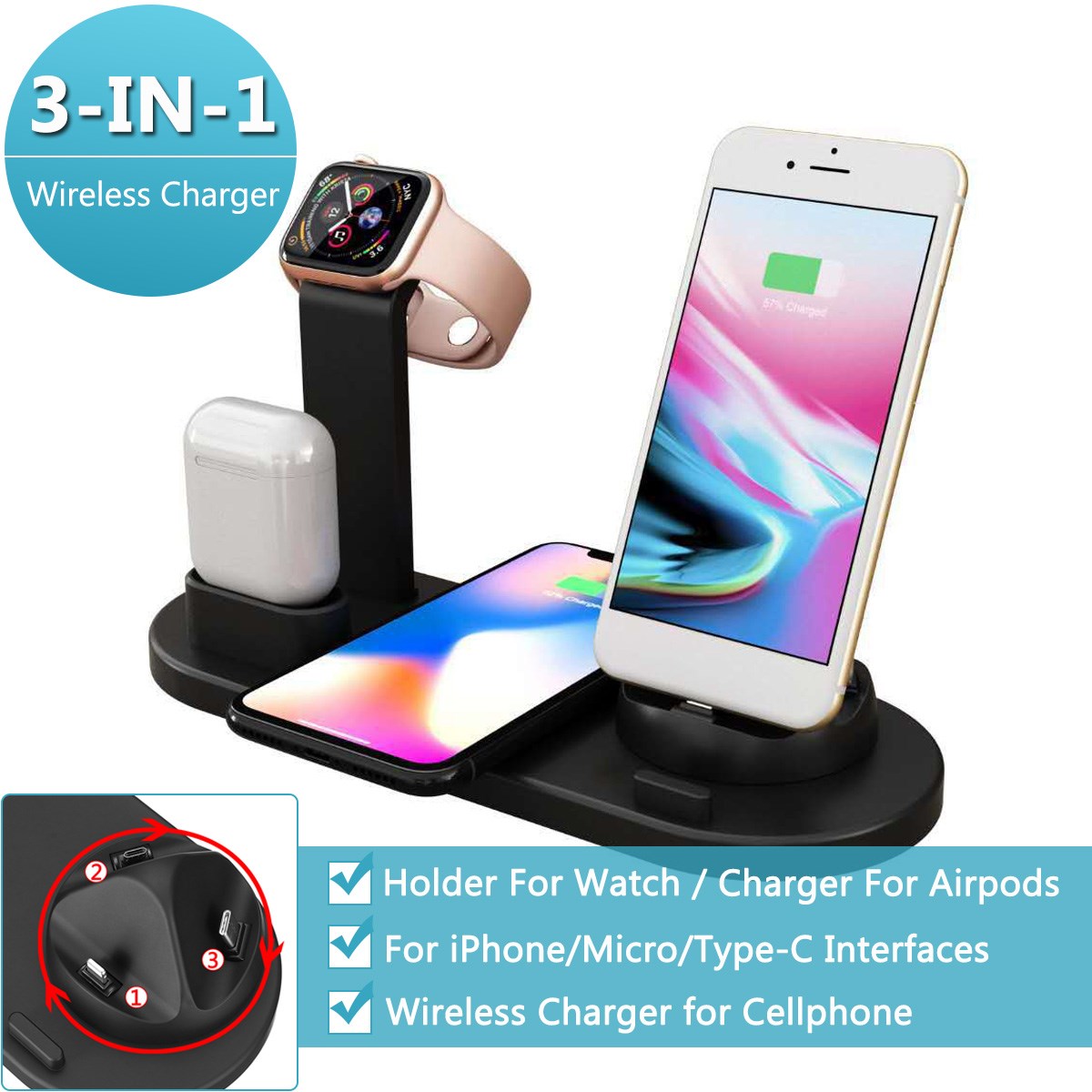 3 in 1 Charging Dock Holder 适用于 Apple Watch 适用于 iPhone