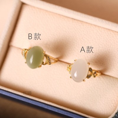 Natural Hetian jade ring female S925 sterling silver set jad