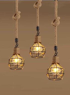 Loft Retro Handmade Hemp Rope Pendant Lights Fixture Iron Vi