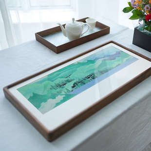 李旭青绿山水墨画山峰彩色横版床头沙发客厅书房装饰画新中式挂画