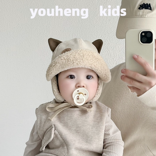 婴儿帽子冬季韩版男宝宝加绒护耳帽秋冬男孩保暖帽小童带檐雷锋帽