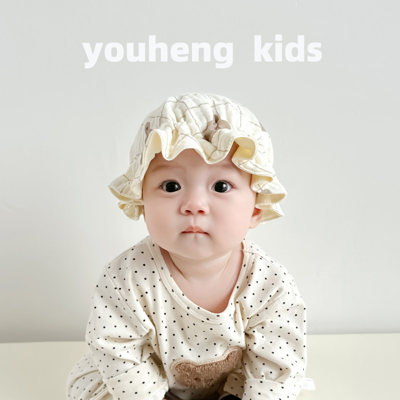 婴儿帽子春秋季盆帽婴幼儿纯棉柔软荷叶边渔夫帽可调节宝宝胎帽