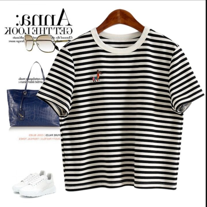 日系小个子可爱减龄条纹控黑白撞色条纹卡通刺绣短款T恤上衣女