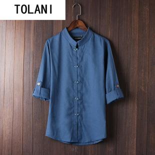 中国风棉麻短袖衬衫男式立领亚麻七分中袖衣服加肥加大码唐装夏季