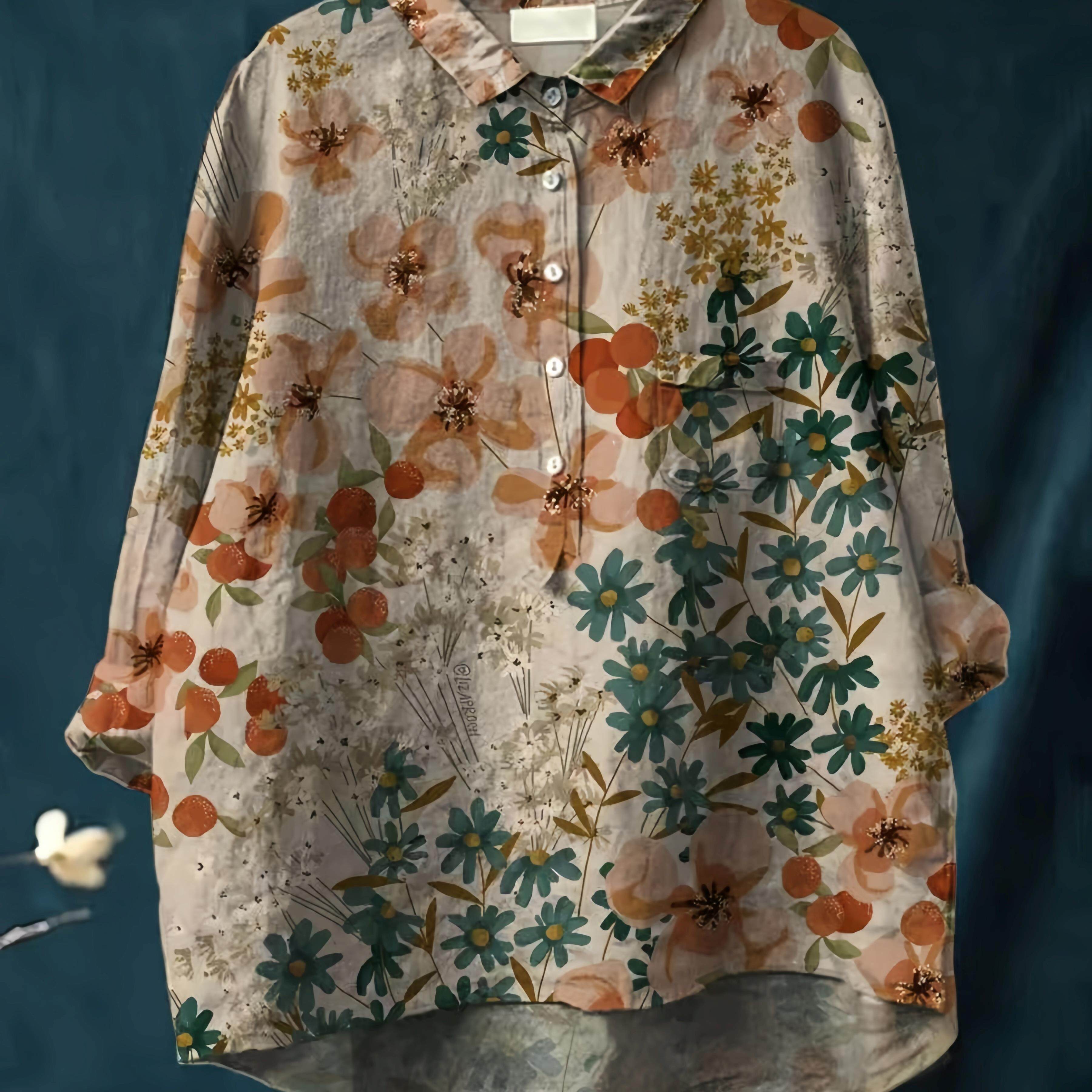 2025年春夏小个子新款宽松亚麻印花长袖衬衫女文艺休闲娃娃领衬衣