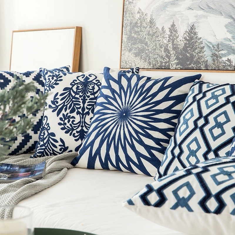 Home Decor Embroidered Cushion Cover Navy Blue/White Geomet