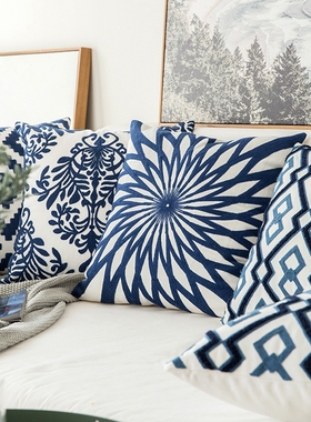 Home Decor Embroidered Cushion Cover Navy Blue/White Geomet