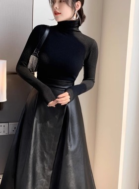 2024欧洲站黑色半身裙中长款秋冬开叉高腰显瘦遮胯皮裙大摆a字裙