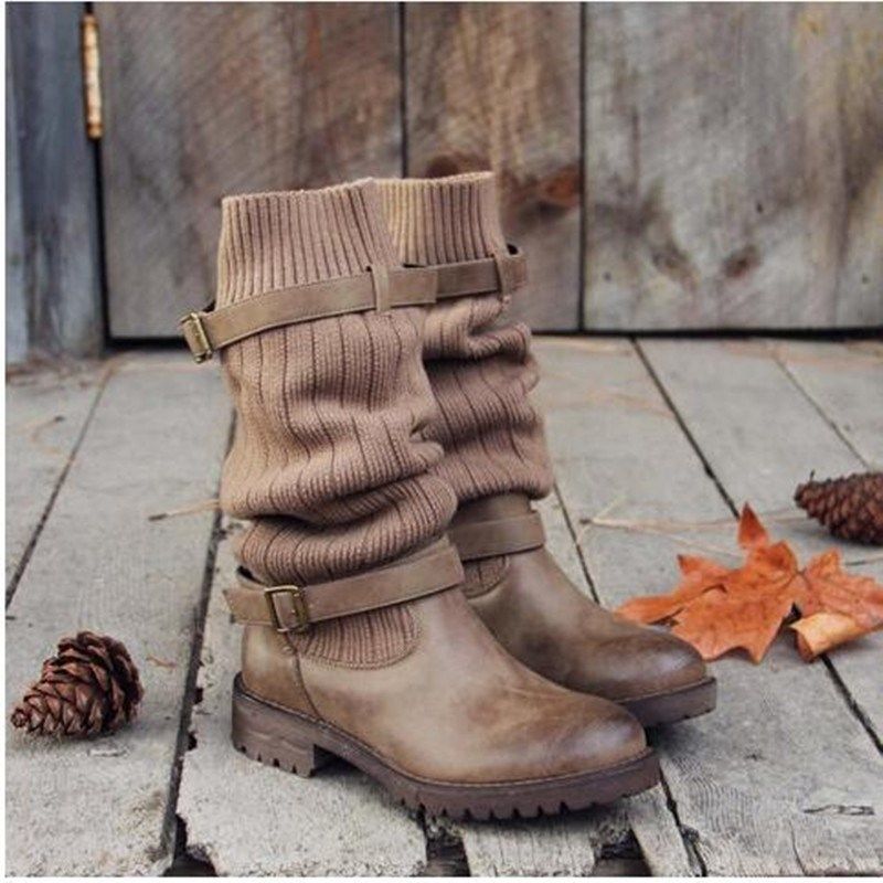 Winter Boots Women Ladies Leather Shoes Long Black Knit Lady图片