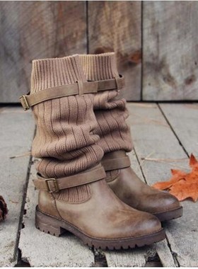 Winter Boots Women Ladies Leather Shoes Long Black Knit Lady